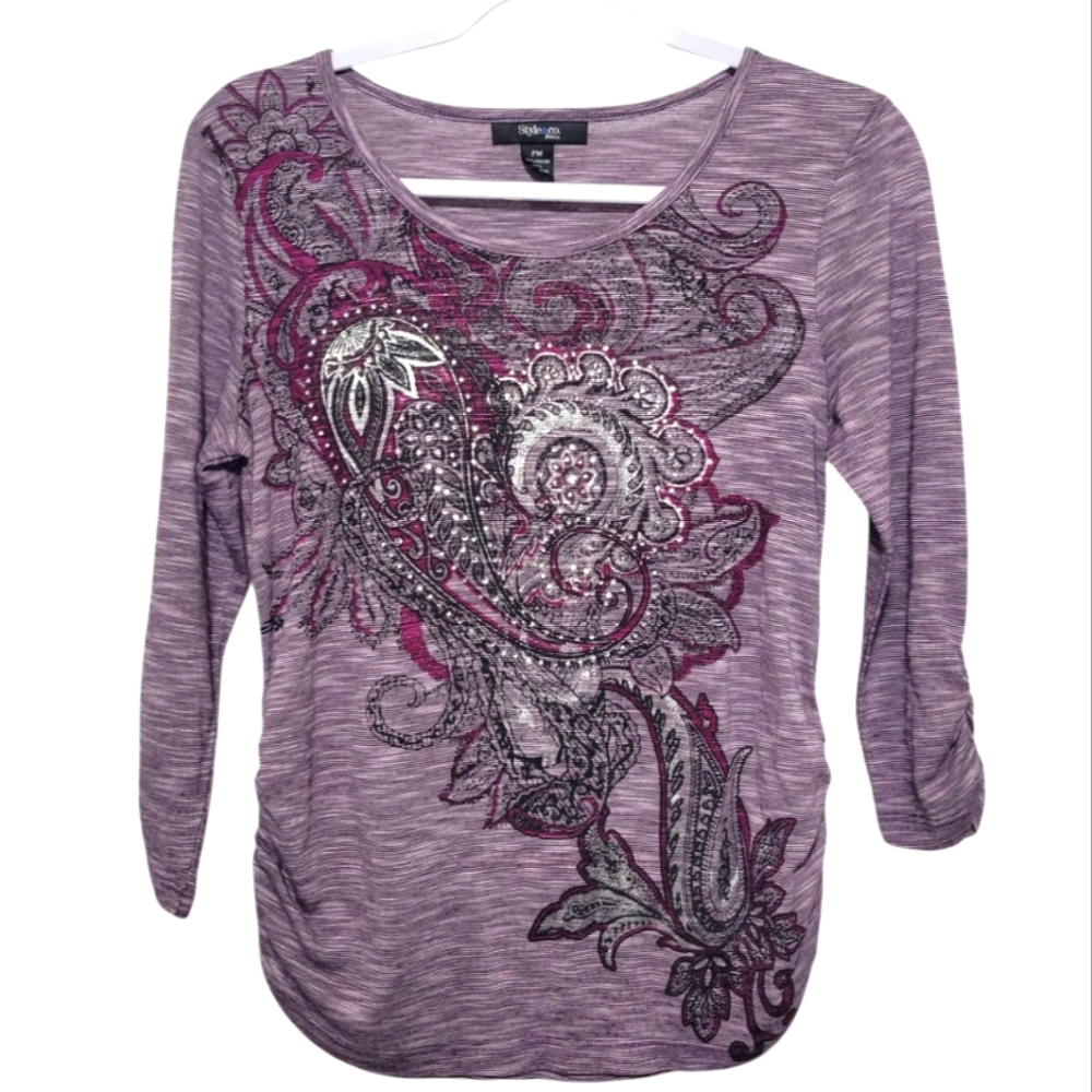 Style & Co Women's Purple Paisley Sequin Top Size Petite Medium